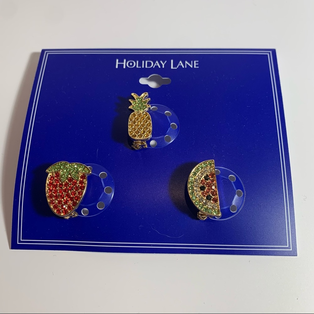 Holiday Lane Pineapple Strawberry Watermelon Rhinestone Gold-Tone 3 Pin Set
